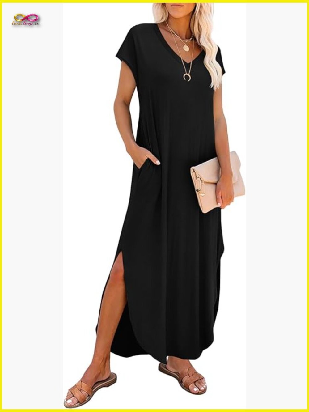 V Neck Cap Sleeve Maxi Sundress with Pockets Beach Vacation Casual Flowy Long